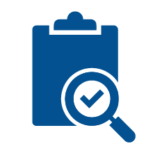 A clipboard with a magnifying glass and a checkmark